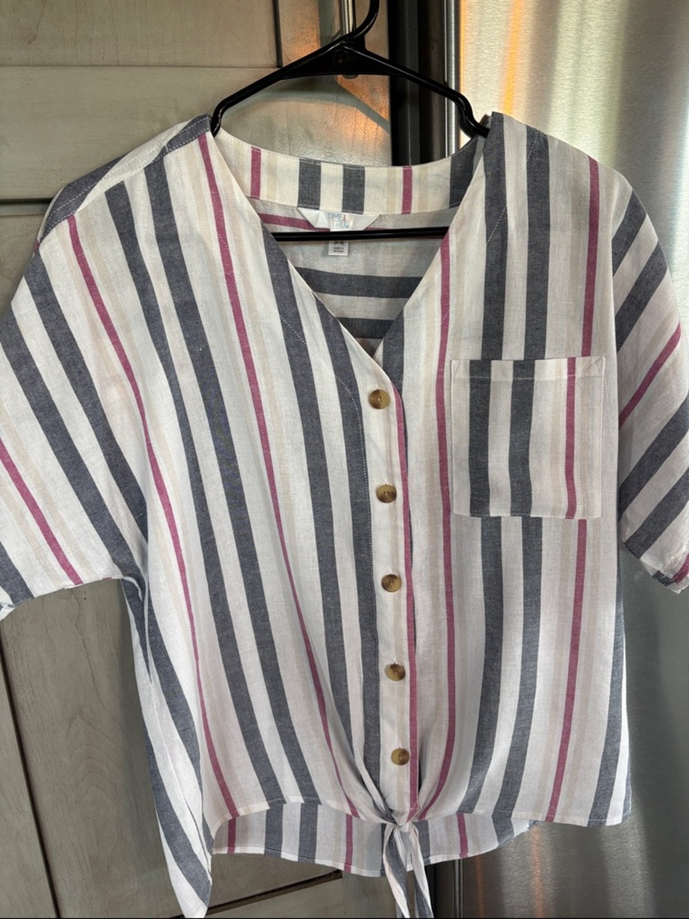 Striped Tie-Front Button Shirt - White, Navy & Pink size s
